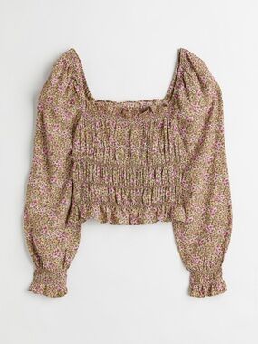 H&M Smocked Square-Neck Floral Blouse - Pink & Green Size M NWT